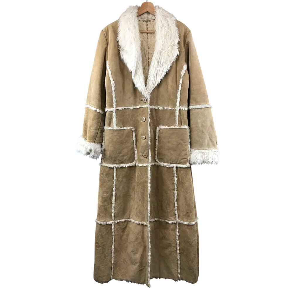 Long Faux Shearling Coat Blazer in Tan with White Trim